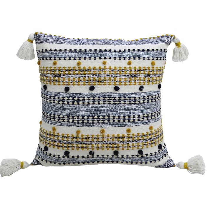 20" Blue and Yellow Striped Throw Pillow with Mini Poms and Tassels