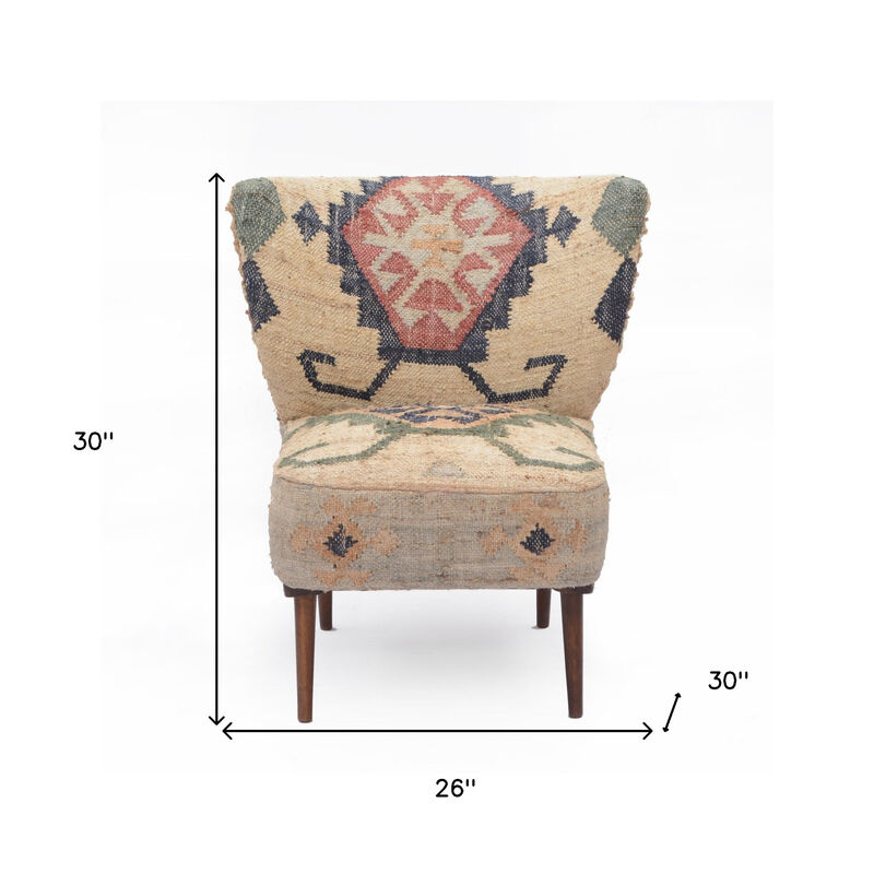 Hivvago 26 Inch Beige Blue and Red  Jute Southwestern Wingback Chair