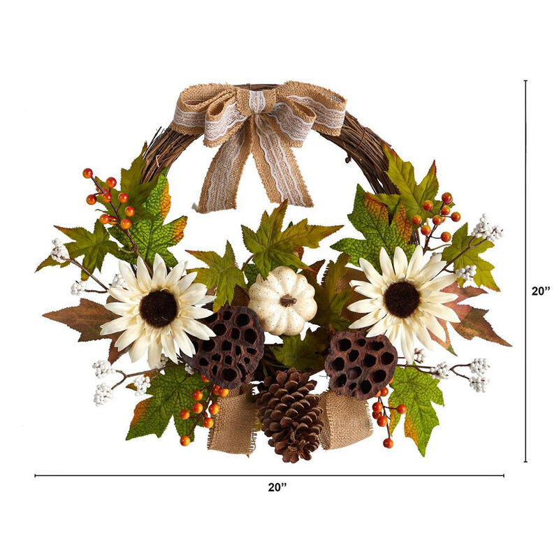 Nearly Natural 20-in Autumn Sunflower, White Pumpkin and Dried Lotus Pod Artificial Fall Wreath with Decorative Bow