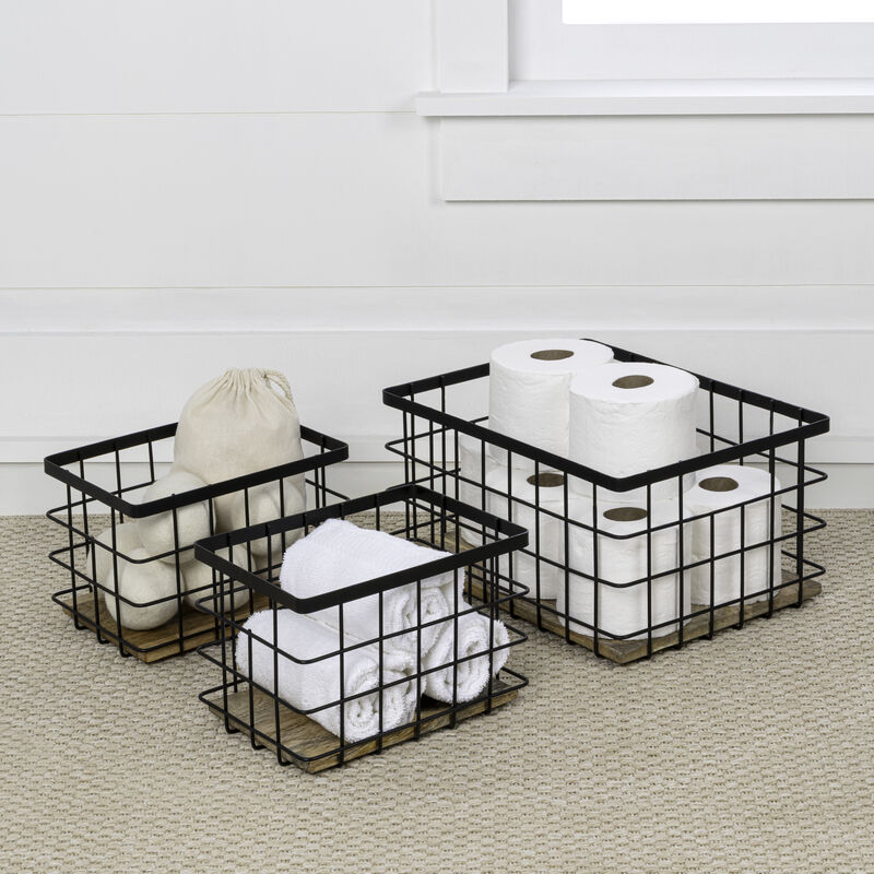 Evvie Vintage Farmhouse Handmade Wire Metal Nesting Storage Baskets with Wood Base image number 1