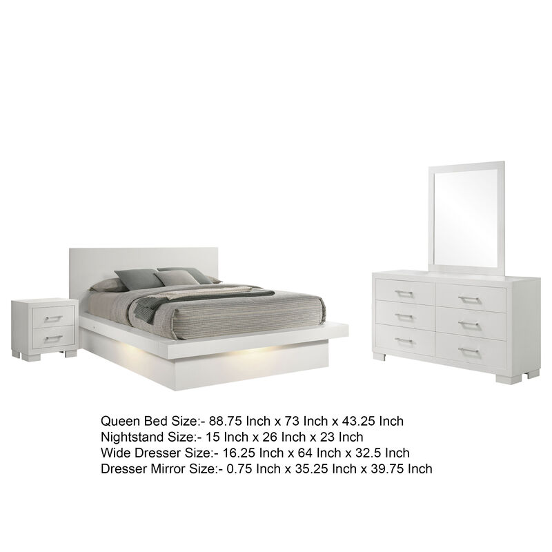 Bela 4 Piece Queen Bedroom Set, LED Lit Bedframe, Snow White Wood