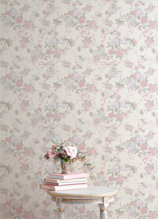 Cabbage Rose Bow Pretty in Pink Ribbons & Roses Wallpaper