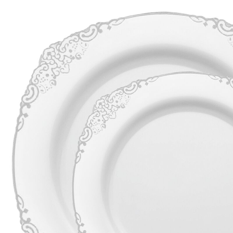 White with Silver Fancy Round Plastic Dinnerware Value Set (60 Sets) image number 9