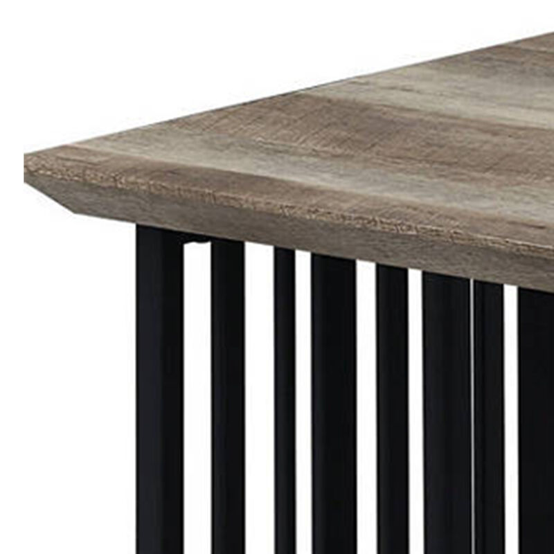 Nori 47 Inch Coffee Table, Distressed Brown Top, Black Metal Slatted Base