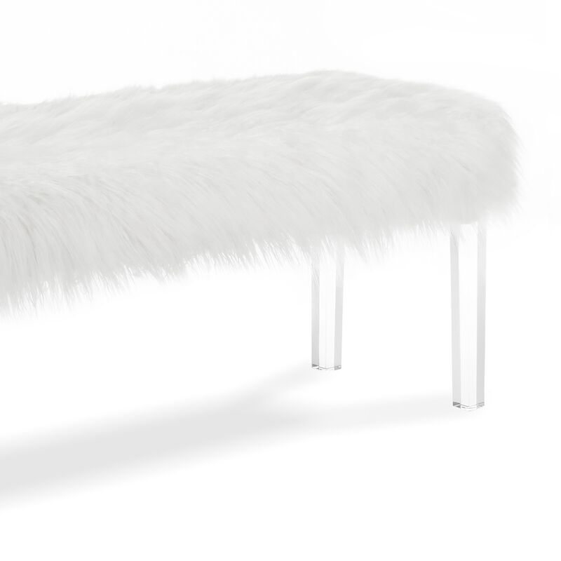 49 Inch Faux Fur Bench with Acrylic Clear Legs, White-Benzara