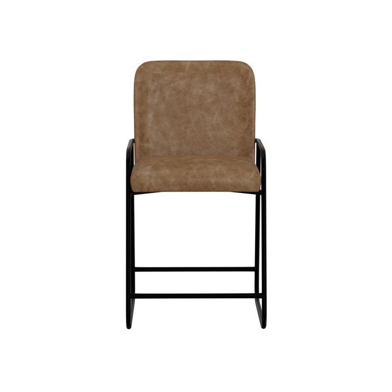 Suze Counter Height Chair, Arched Back, Black, Cognac Brown Faux Leather - Benzara