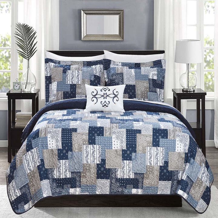 Chic Home Eliana 8 Piece Reversible Quilt Coverlet Set Embossed Patchwork Bohemian Paisley Print Quilted Design Bed in a Bag Included King Blue