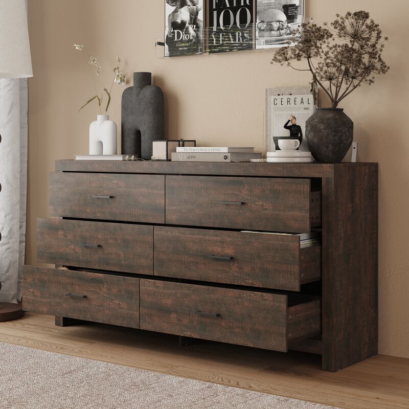 FUFU&GAGA Modern 6-Drawer Dresser for Bedroom Storage, (63" W x 15.7" D x 33.1" H),Brown