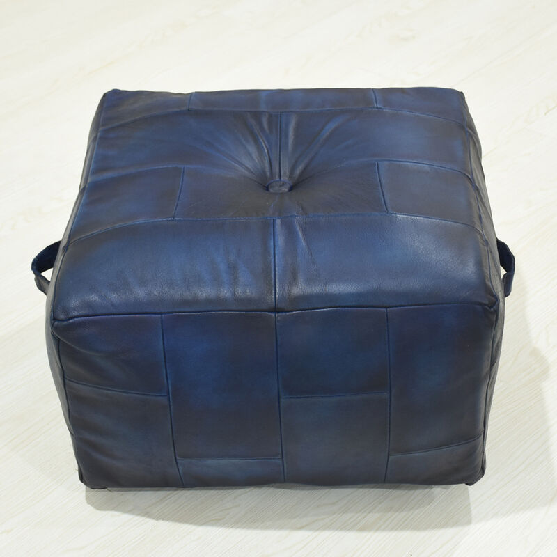 Geometric Handmade Leather Square Pouf 21"x21"x12" (Recycled Foam with Fibre Fill) Vintage Blue Color MABBBACPF25 BBH Homes
