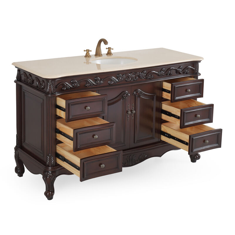 56 Inch Traditional Style Brown Beckham Bathroom Sink Vanity With CreamTop image number 3
