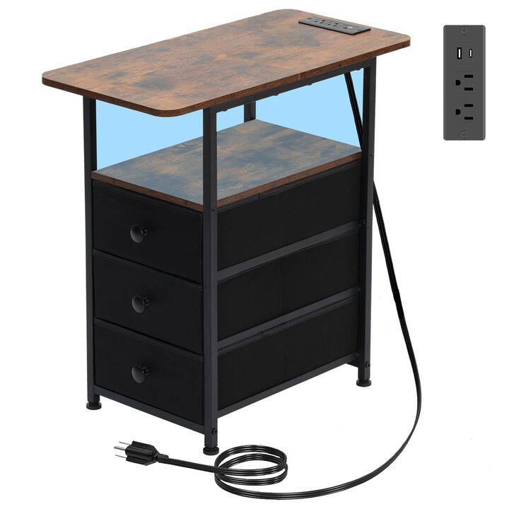 DALEMHOME End Table with Charging Station, Narrow Side Table with 3 Fabric Drawers, Skinny Nightstand with LED Light, Slim Bedsi