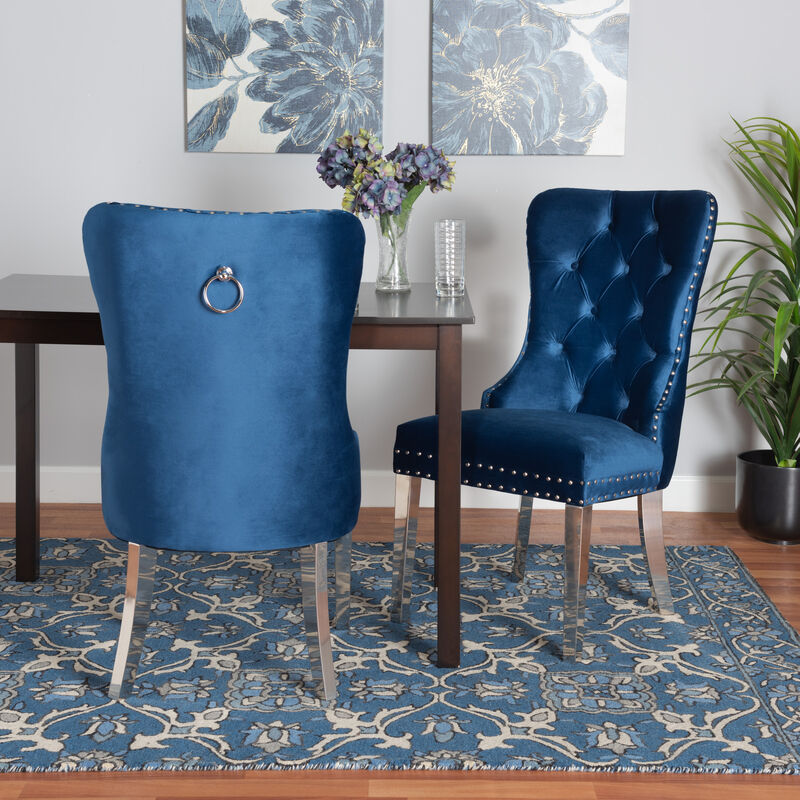 Baxton Studio Honora Navy Blue Velvet Fabric and Silver Metal 2-Piece Dining Chair Set