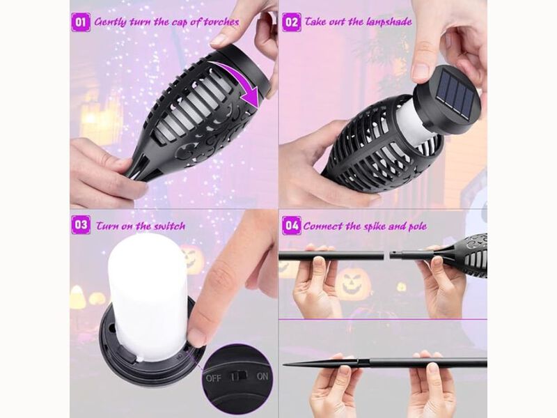Purple Halloween Solar Torch Lights – Flickering Flame, Waterproof LED Yard Decor with Timer for Garden, Pathway & Patio