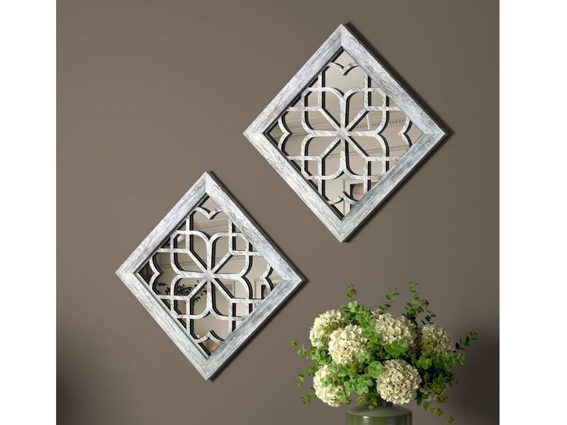 Boho Square Wall Mirror Set &ndash; 2 Grey 12" Rustic Handcrafted Panels