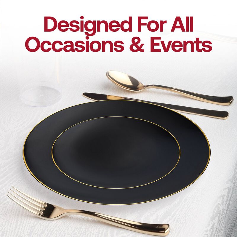 Black with Gold Rim Organic Round Plastic Dinnerware Value Set (40 Sets) image number 7