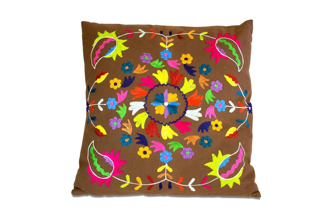 HomeRoots Set of Two 20" Brown And Pink Floral Cotton Throw Pillows with Embroidery