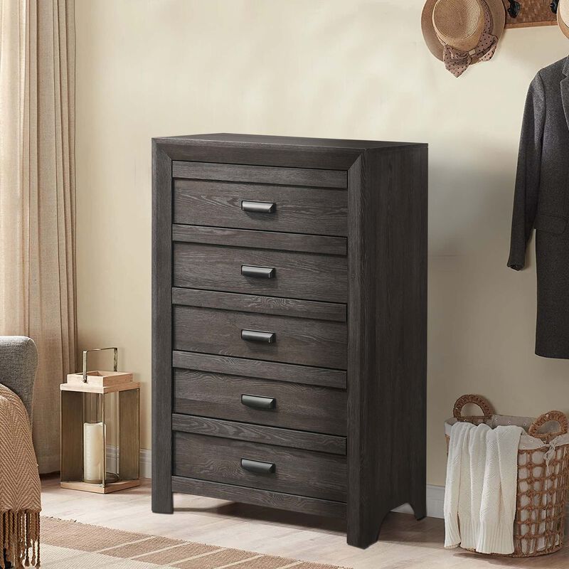 Chest with 5 Storage Drawers and Metal Pulls, Taupe Brown - Benzara
