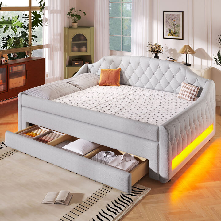 Merax Full Size Linen Upholstered Daybed with 7-Color LED