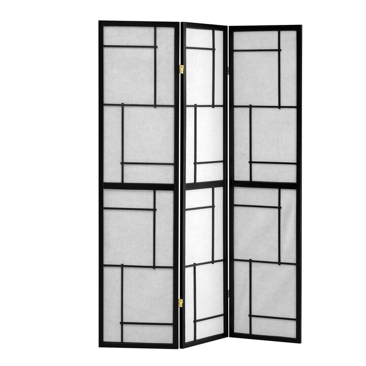 Stylish 3 Panel Wooden Folding Screen, Black-Benzara