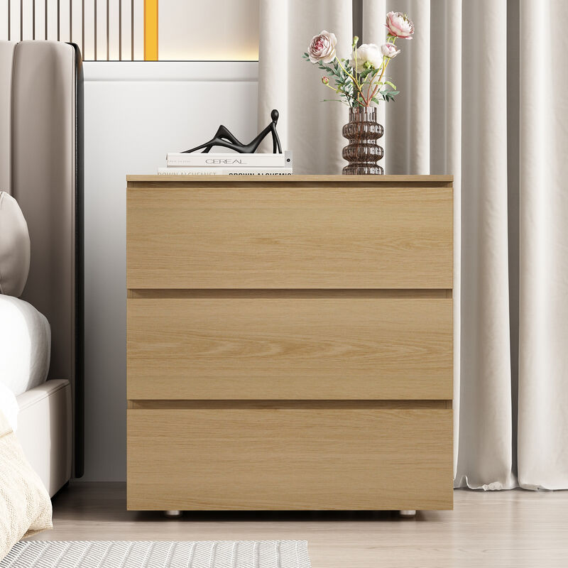 FUFU&GAGA 3-Drawer Wood Grain Nightstand with Slanted Fronts and No Handles, Rustic Bedside Storage Cabinet (32.3 in. H x 30.3 in. W x 15.7 in. D), Oak Wood Finish