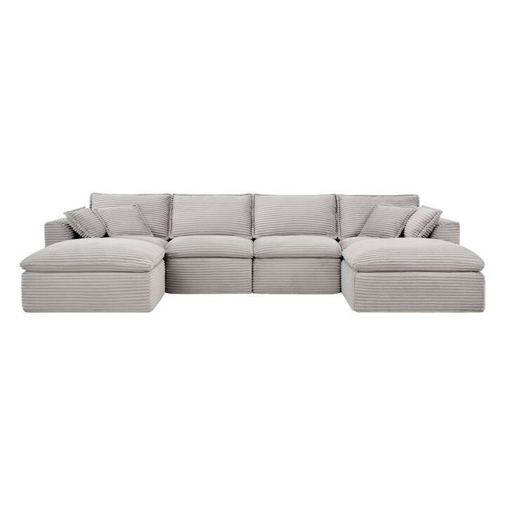 Whisen 142*82" Fully Compressed Modular Sectional Sofa, U Shape with Ottomans, Luxury Corduroy with Extra Width&Depth Cloud Like Soft Cushion