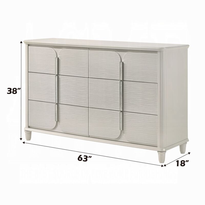 Veda Wide Dresser, Luxurious Pearl White Wood Finish, 6 Modern Drawers - Benzara
