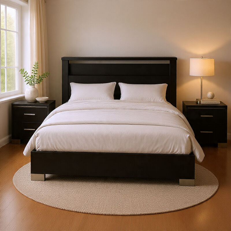 Queen Bedroom Set, Black, Chrome Wood, 3 Piece Set with 2 Nightstands image number 8
