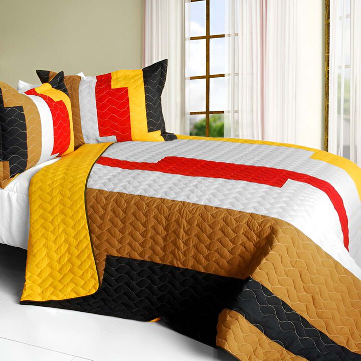 Queen Size Bedding Set 3 Piece Patchwork Striped Quilt with Vermicelli Stitching-yellow