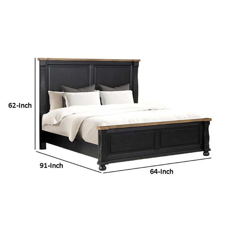 Ginie Queen Bed, Tall Headboard, Farmhouse Legs, Black, Oak Brown Wood - Benzara
