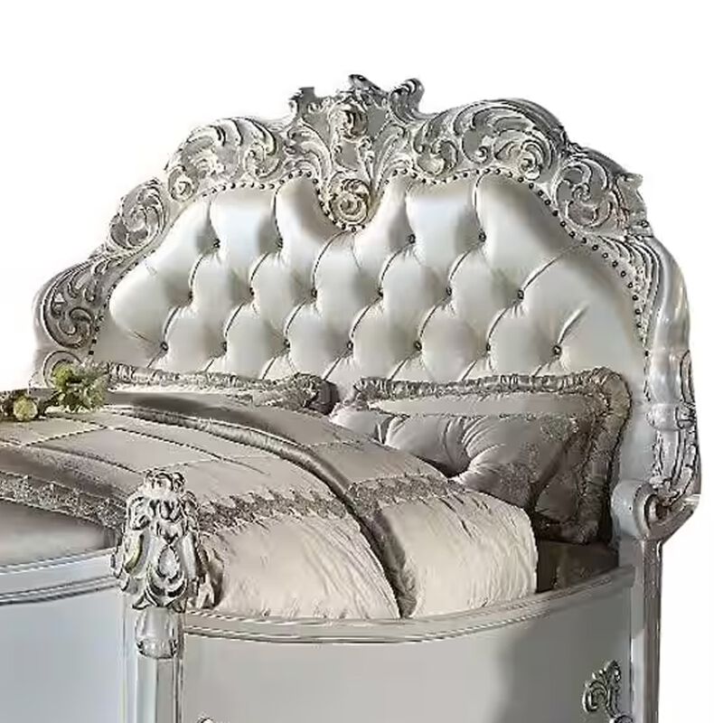 Antoine King Bed, Classical Style, White Faux Leather Victorian Carved