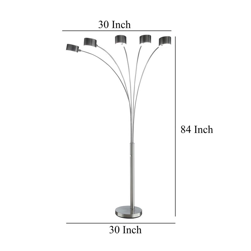 5 Arm Arched Floor Lamp, 84 Inch Chrome Metal Sleek Stem, Round Base - Benzara