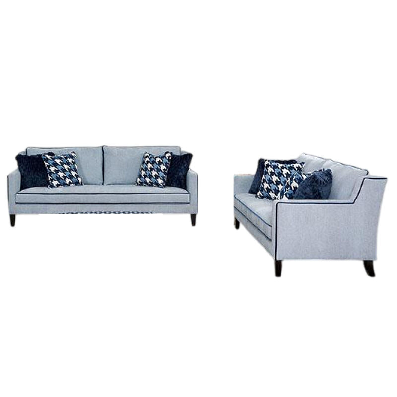 Colin 2pc Sofa and Loveseat Set, 8 Throw Pillows, Gray, Blue Polyester - Benzara