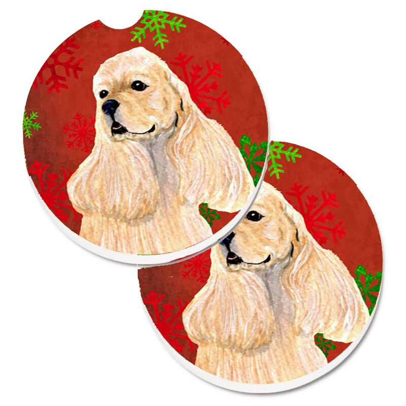 Caroline's Treasures Buff Cocker Spaniel Red green Snowflakes Christmas Set of 2 Cup Holder Car Coasters SS4729CARC, 2.56, Multicolor image number 0