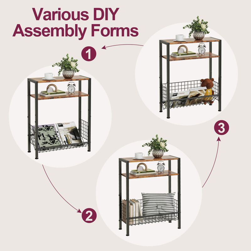 Lifenite DIY Narrow Side Table, 3 Tier End Table with Various Storage Basket, Slim Sofa Side Table for Small Spaces, Skinny Nigh