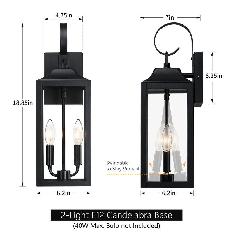 19 in. Modern Farmhouse Black 2-Light Dimmable Outdoor Wall Lantern with Clear Glass Shade(Set of 2) image number 3