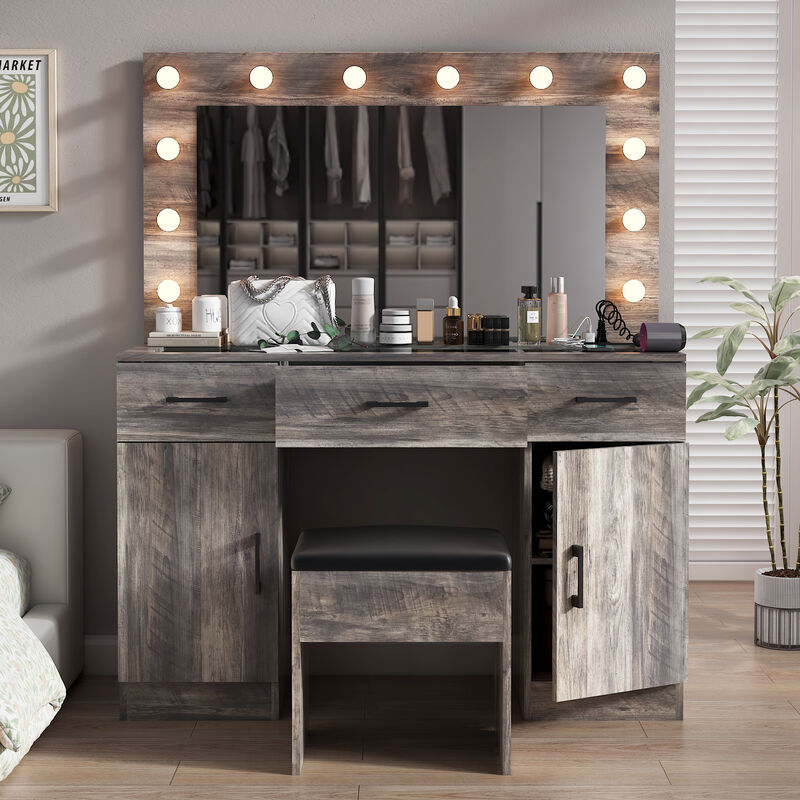 Vanity Desk Set with Large Lighted Mirror – Elegant Makeup Table with LED Mirror, Stool, and Storage Drawers