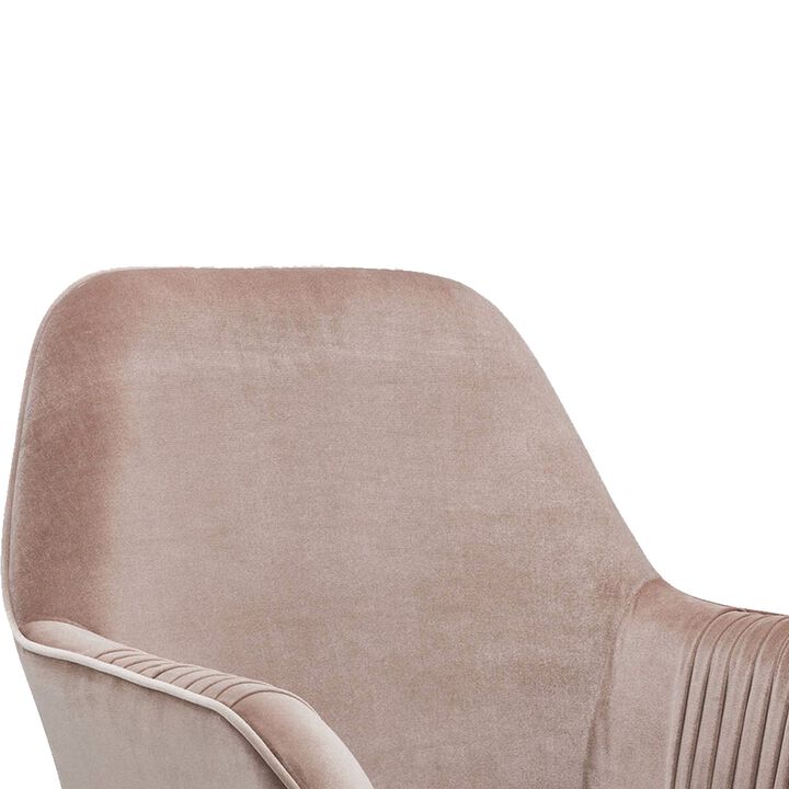 Adjustable Velvet Upholstered Swivel Office Chair with Slopped Armrests, Pink and Silver-Benzara