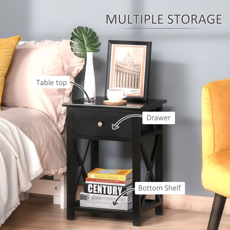Elegant Bedside Storage: Black X-Frame Wood Nightstand with Drawer