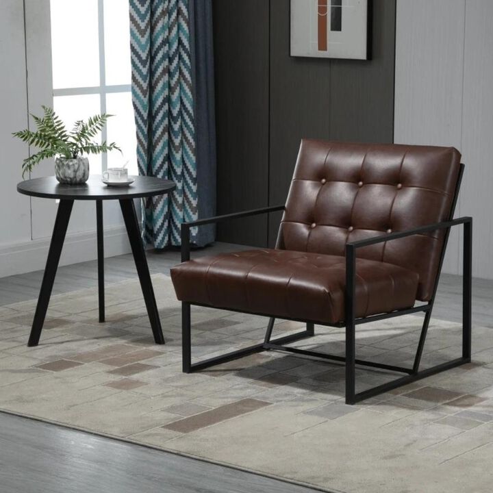 Retro Tufted Faux Leather Metal Frame Accent Chair - Brown