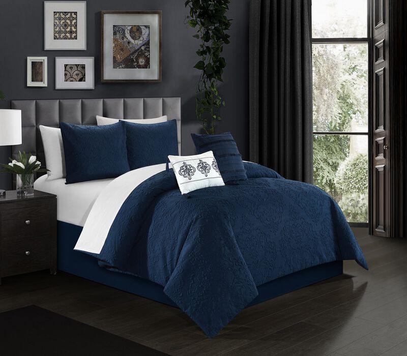 Chic Home Mayflower Comforter Set Embossed Medallion Scroll Pattern Design Bed In A Bag Navy, Queen image number 2