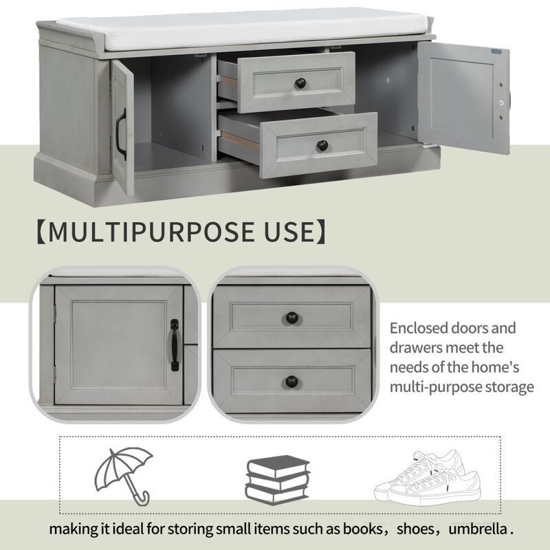 Storage Bench with 2 Drawers and 2 Cabinets, Shoe Bench with Removable Cushion for Living Room, Entryway (Gray Wash)