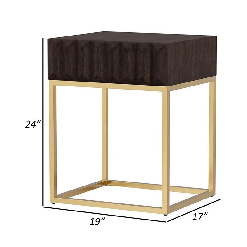 Bran 24 Inch Modern Side End Table, Brown Wood, Gold Steel Base, 1 Drawer-Benzara