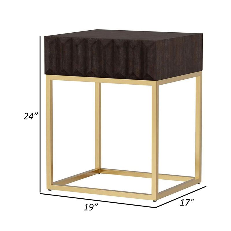 Bran 24 Inch Modern Side End Table, Brown Wood, Gold Steel Base, 1 Drawer
