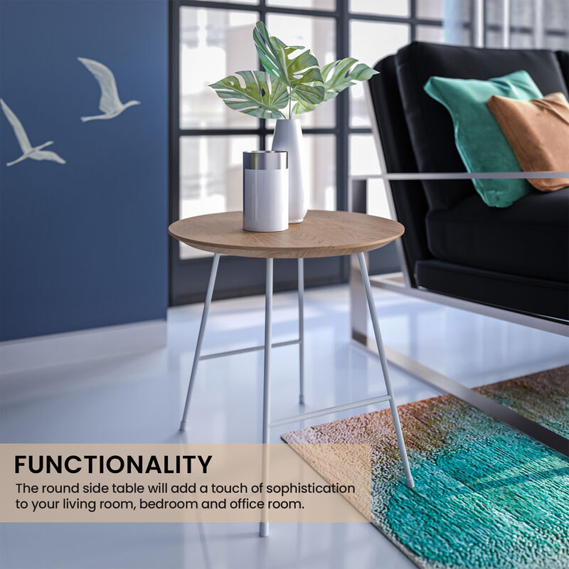 LeisureMod Rossmore Modern Round Side Table with White Steel Frame &ndash; Sleek Accent Table for Living Room, Bedroom, and Contemporary Spaces