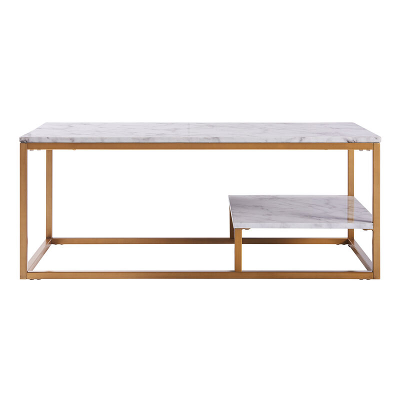 Marmo Modern Marble-Look Coffee Table with Shelf, Marble/Brass image number 0