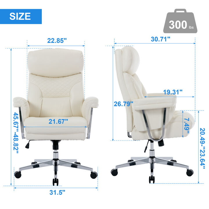 High Back Executive Office Chair 300 lbs-Ergonomic Leather Computer Desk Chair, Thick Bonded Leather Office Chair for Comfort and Lumbar Support, Adjustable Rock Back Tension(white)