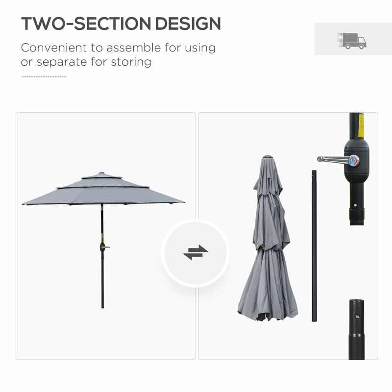 Dark Grey Patio Shield: 9' 3-Tier Outdoor Umbrella with Crank Tilt