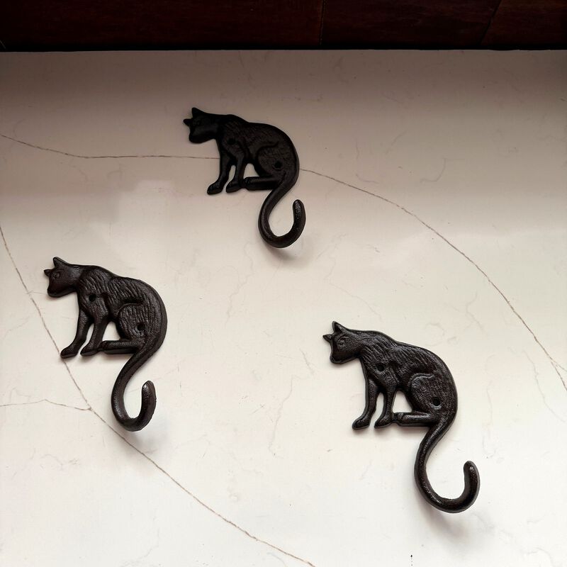 Set Of 3 Cast Iron Cat Wall Hooks Aged Brown Rustic 65 In Decorative image number 5