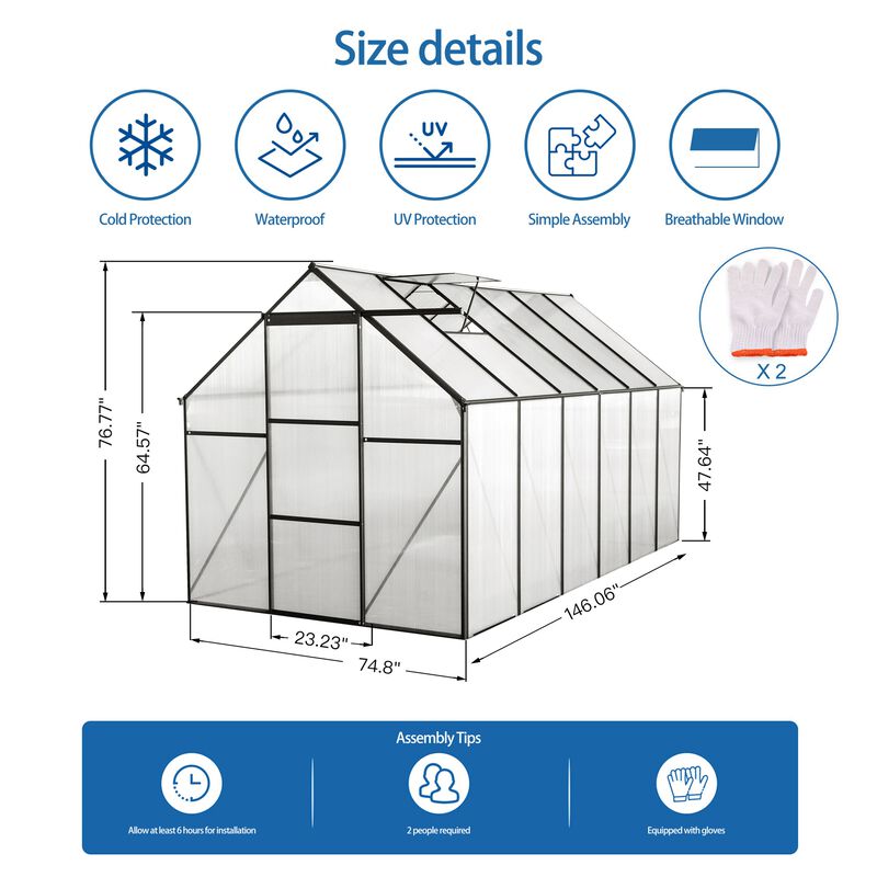 6x12 FT Polycarbonate Greenhouse Raised Base and Anchor Aluminum Heavy Duty Walk-in Greenhouses image number 3