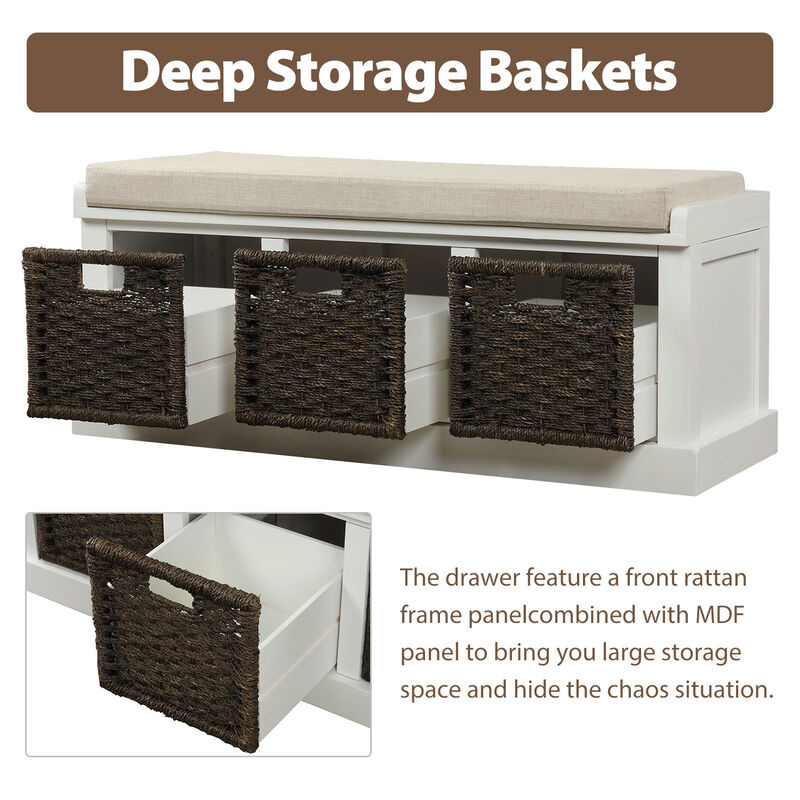 Rustic Storage Bench With 3 Removable Classic Rattan Basket, Entryway Bench